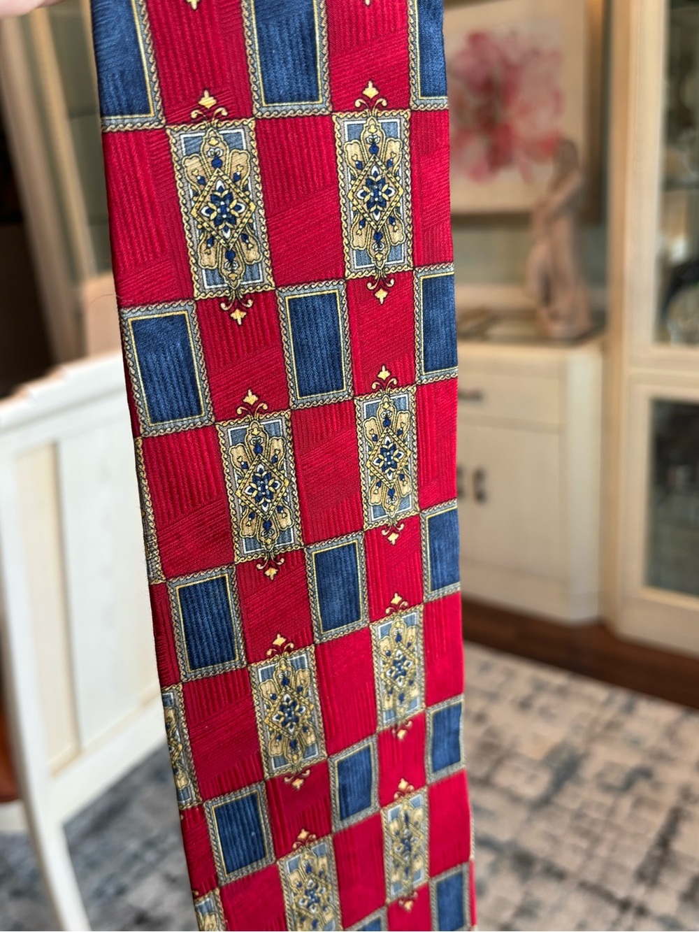 Pierre Balmain Red, Blue and Gold Silk Geometric Medallion Tie